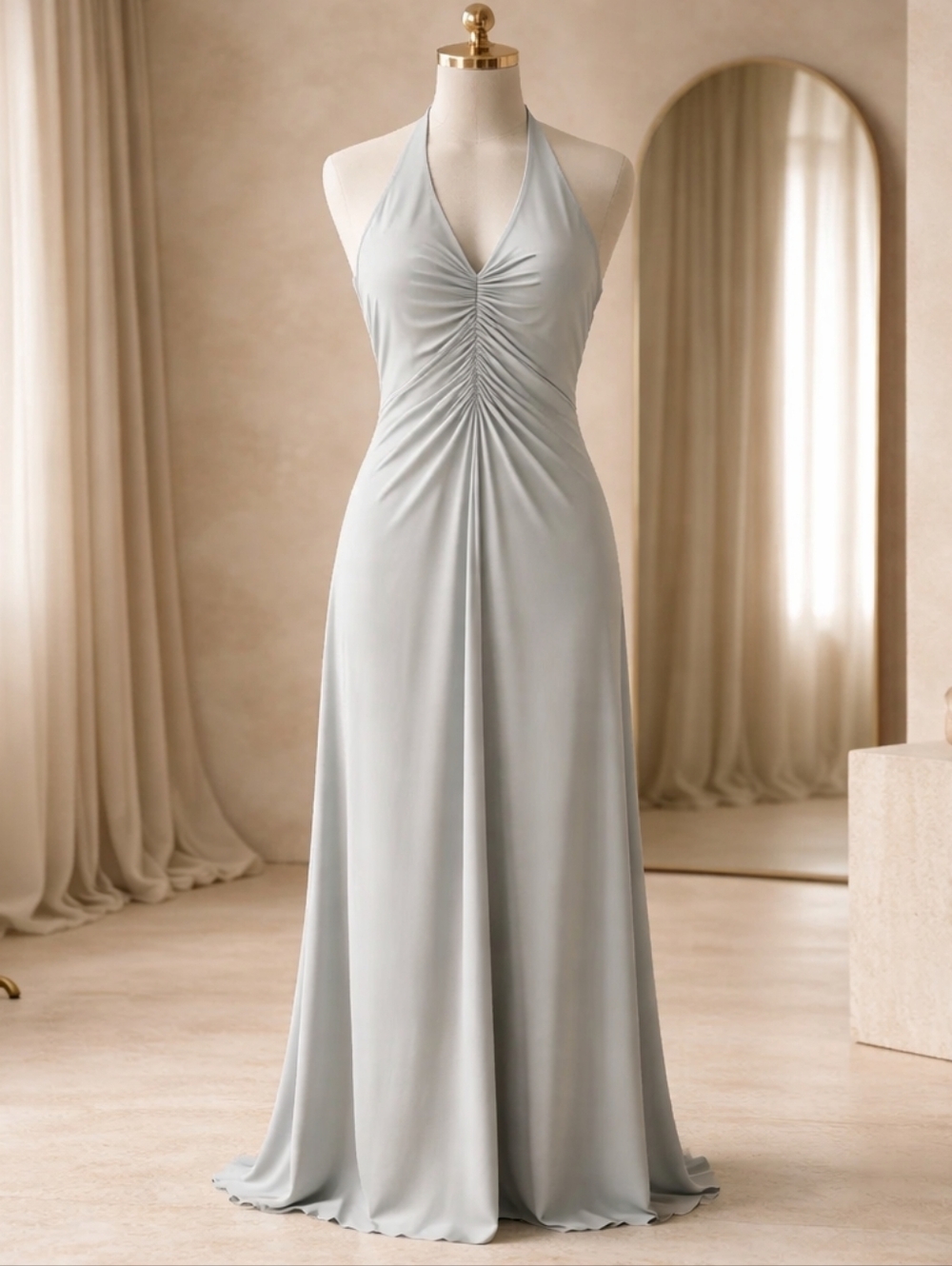 Zara Light Olive Ruched Halter Maxi Dress